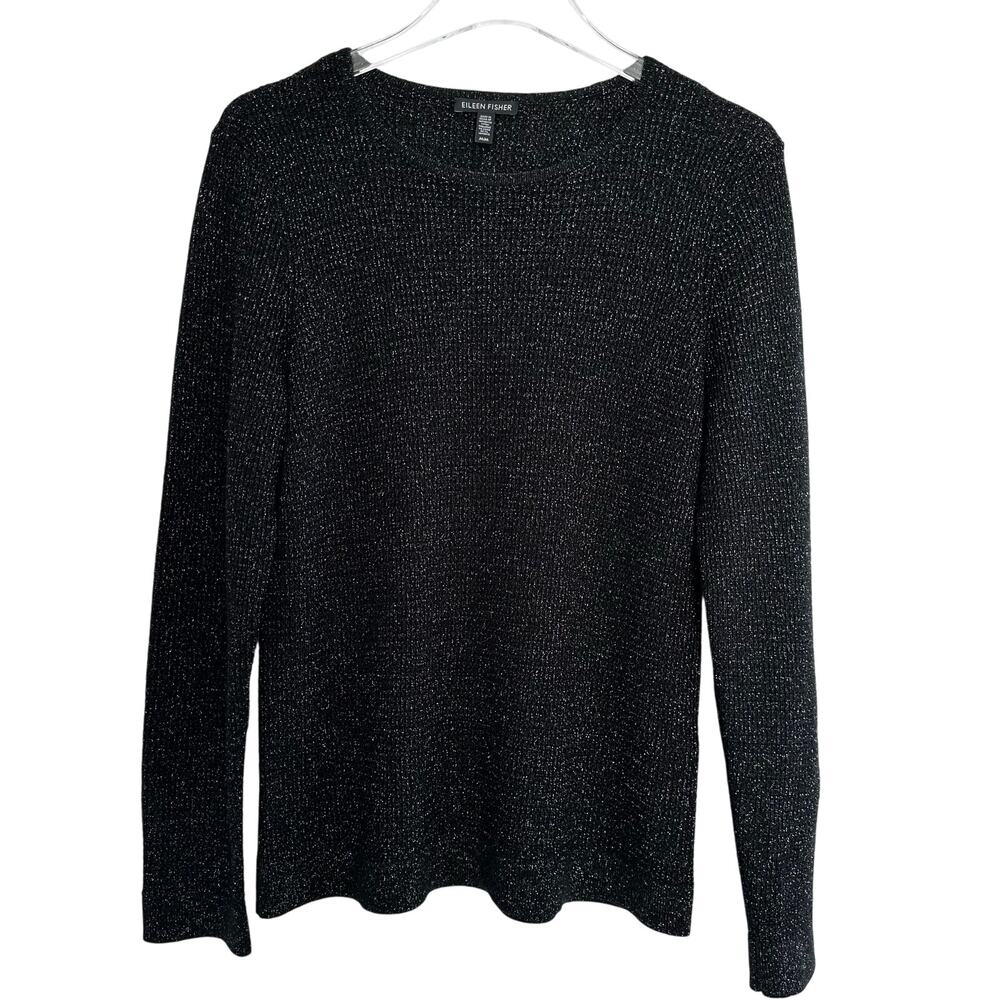 Eileen Fisher Waffle Knit Top Medium Black Metallic Merino Wool Blend Festive